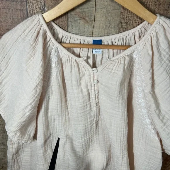 Old Navy Gauze Embroidered Tunic Top Large Short Sleeve Boho Peasant Neutral - Picture 4 of 7